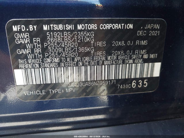 Aukcja sprzedaży 2022 Mitsubishi Outlander Black Edition 2wd/se 2.5 2wd/se Launch Edition 2wd, vin: JA4J3UA86NZ059171, numer aukcji: 45828984