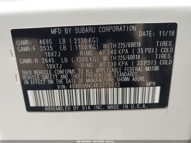 45828988 :رقم المزاد ، 4S4BSANC4K3272012 vin ، 2019 Subaru Outback 2.5i Limited مزاد بيع