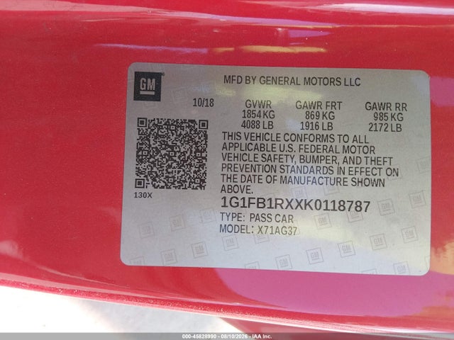 Продажа на аукционе авто 2019 Chevrolet Camaro 1ls, vin: 1G1FB1RXXK0118787, номер лота: 45828990