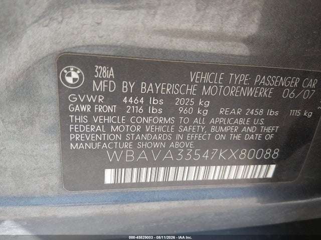 Продаж на аукціоні авто 2007 Bmw 328i, vin: WBAVA33547KX80088, номер лоту: 45829003