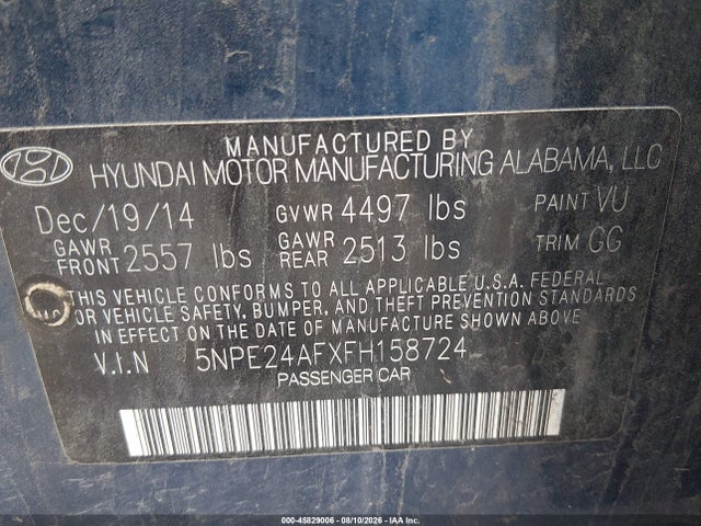 2015 Hyundai Sonata Se მანქანა იყიდება აუქციონზე, vin: 5NPE24AFXFH158724, აუქციონის ნომერი: 45829006