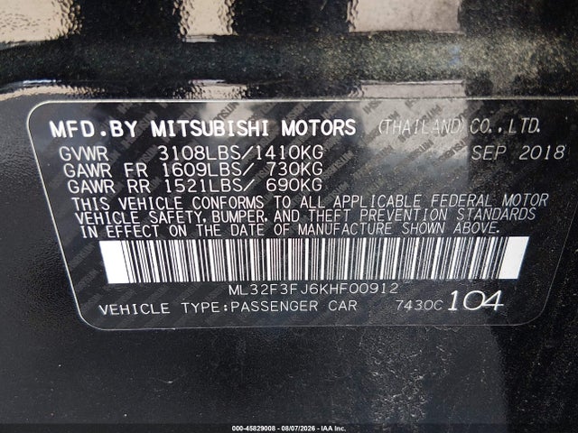 45829008 :رقم المزاد ، ML32F3FJ6KHF00912 vin ، 2019 Mitsubishi Mirage G4 Es مزاد بيع