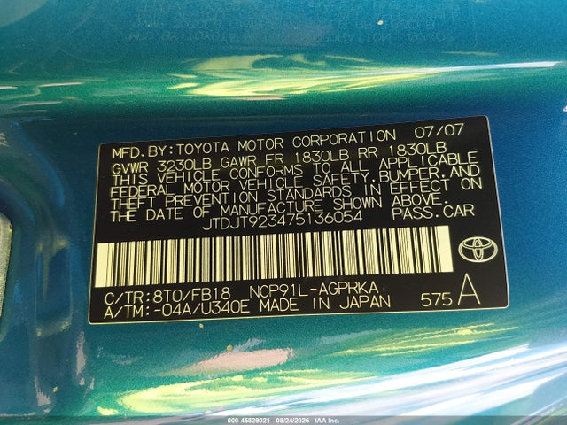 45829021 :رقم المزاد ، JTDJT923475136054 vin ، 2007 Toyota Yaris مزاد بيع
