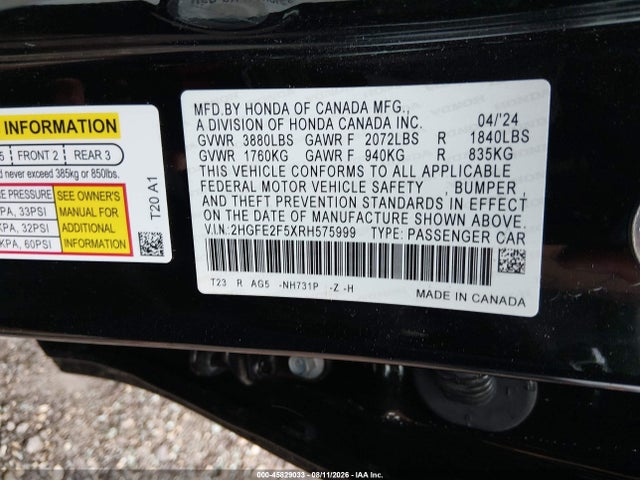 2024 Honda Civic Sport მანქანა იყიდება აუქციონზე, vin: 2HGFE2F5XRH575999, აუქციონის ნომერი: 45829033