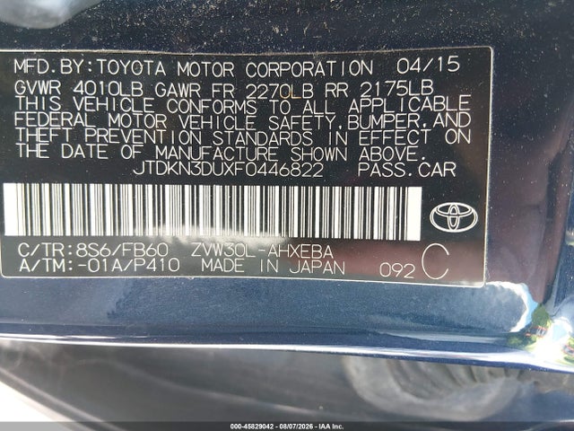 Продажа на аукционе авто 2015 Toyota Prius Two, vin: JTDKN3DUXF0446822, номер лота: 45829042