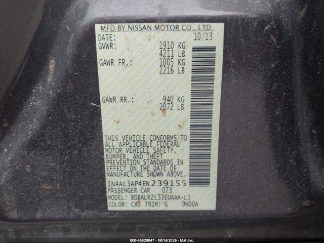45829047 :رقم المزاد ، 1N4AL3AP4EN239155 vin ، 2014 Nissan Altima 2.5 S مزاد بيع