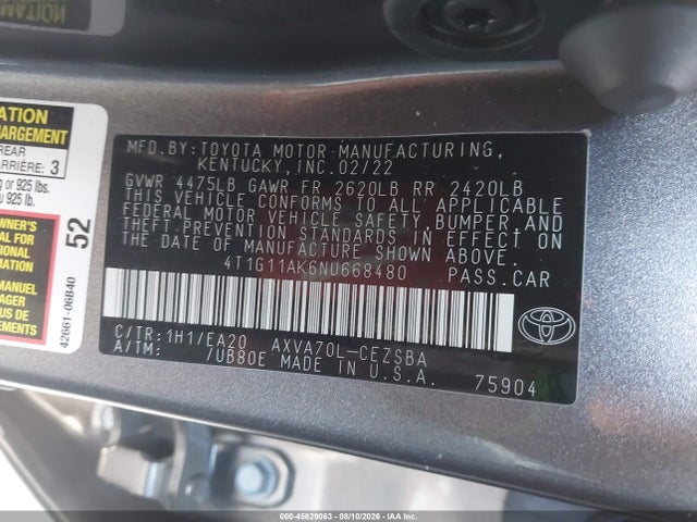 Toyota CAMRY SE 2022 4T1G11AK6NU668480 Image 9