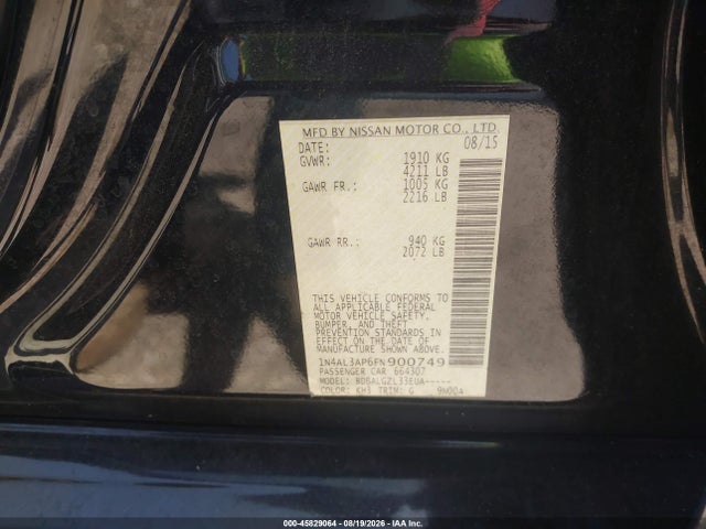 Aukcja sprzedaży 2015 Nissan Altima 2.5/2.5 S/2.5 Sl/2.5 Sv, vin: 1N4AL3AP6FN900749, numer aukcji: 45829064