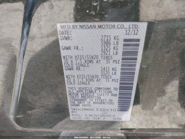 2013 Infiniti Jx35 მანქანა იყიდება აუქციონზე, vin: 5N1AL0MM6DC330430, აუქციონის ნომერი: 45829083