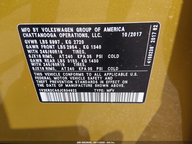 45829085 :رقم المزاد ، 1V2KR2CA0JC534922 vin ، 2018 Volkswagen Atlas 3.6l V6 Se مزاد بيع