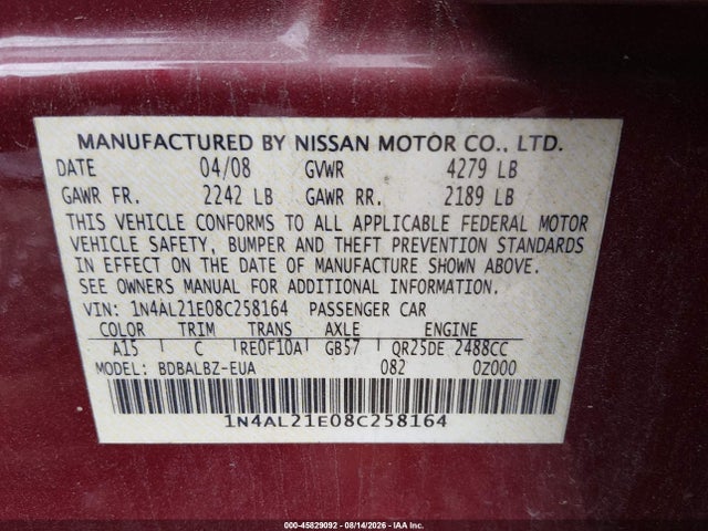 Aukcja sprzedaży 2008 Nissan Altima 2.5 S, vin: 1N4AL21E08C258164, numer aukcji: 45829092