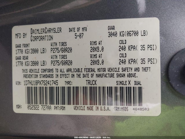 45829095 :رقم المزاد ، 1D7HU18PX7S241745 vin ، 2007 Dodge Ram 1500 St/slt مزاد بيع