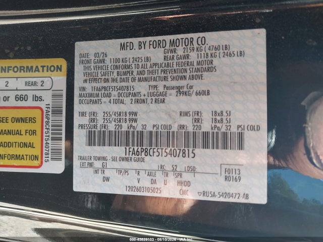 45829103 :رقم المزاد ، 1FA6P8CF5T5407815 vin ، 2026 Ford Mustang Gt Fastback مزاد بيع