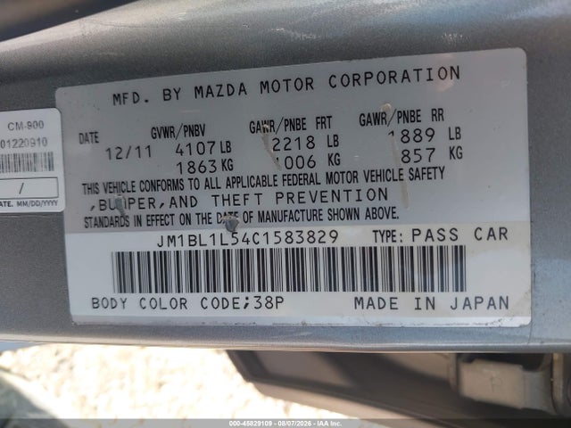 Aukcja sprzedaży 2012 Mazda Mazda3 S Touring, vin: JM1BL1L54C1583829, numer aukcji: 45829109