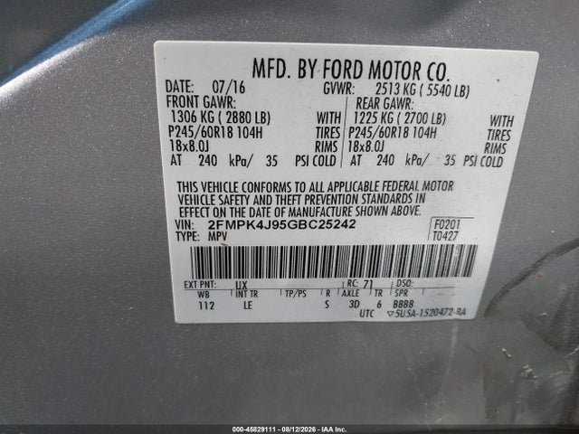 Продаж на аукціоні авто 2016 Ford Edge Sel, vin: 2FMPK4J95GBC25242, номер лоту: 45829111