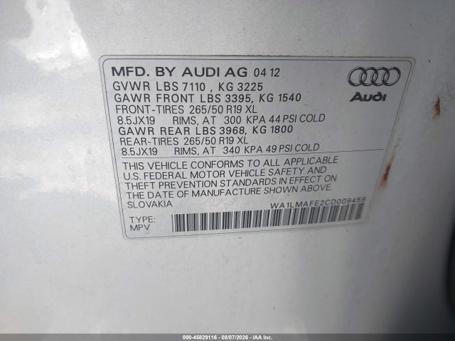 Aukcja sprzedaży 2012 Audi Q7 3.0 Tdi Premium, vin: WA1LMAFE2CD009459, numer aukcji: 45829116