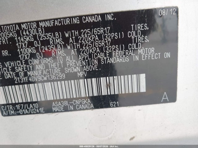 45829126 :رقم المزاد ، 2T3YF4DV9CW136299 vin ، 2012 Toyota Rav4 Limited مزاد بيع