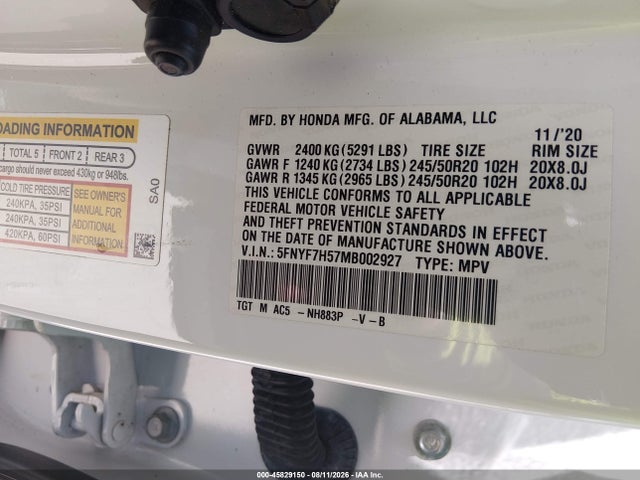 45829150 :رقم المزاد ، 5FNYF7H57MB002927 vin ، 2021 Honda Passport 2wd Ex-l مزاد بيع
