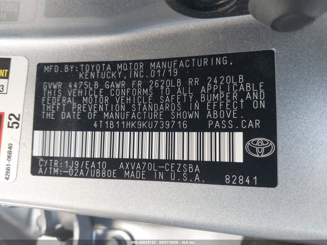 4T1B11HK9KU739716 Toyota CAMRY SE