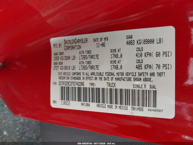 Продажа на аукционе авто 2007 Dodge Ram 2500 Slt, vin: 3D7KS29C37G742206, номер лота: 45829184