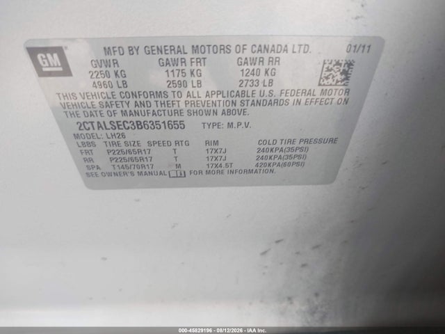 Продаж на аукціоні авто 2011 Gmc Terrain Sle-2, vin: 2CTALSEC3B6351655, номер лоту: 45829196