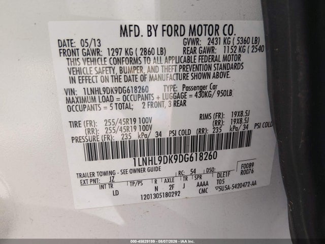Продажа на аукционе авто 2013 Lincoln Mks, vin: 1LNHL9DK9DG618260, номер лота: 45829199