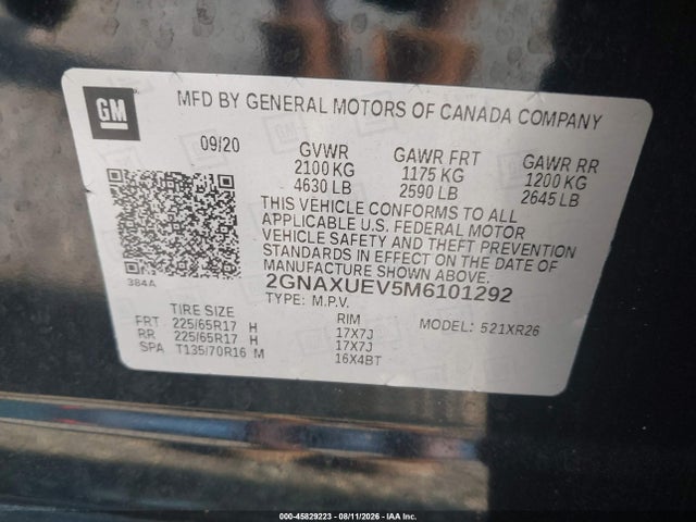 45829223 :رقم المزاد ، 2GNAXUEV5M6101292 vin ، 2021 Chevrolet Equinox Awd Lt مزاد بيع