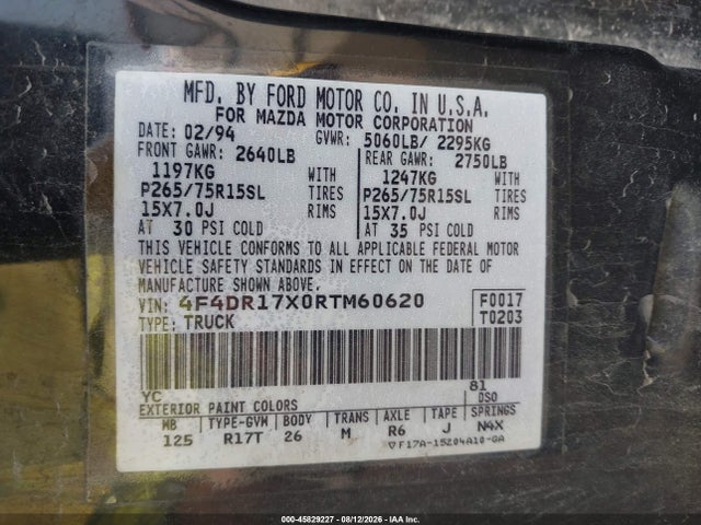 Aukcja sprzedaży 1994 Mazda B4000 Cab Plus, vin: 4F4DR17X0RTM60620, numer aukcji: 45829227