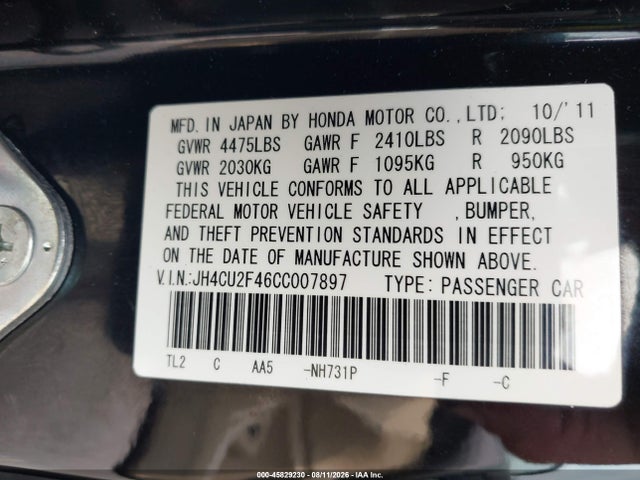 45829230 :رقم المزاد ، JH4CU2F46CC007897 vin ، 2012 Acura Tsx 2.4 مزاد بيع