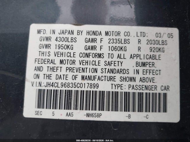 Продаж на аукціоні авто 2005 Acura Tsx, vin: JH4CL96835C017899, номер лоту: 45829235