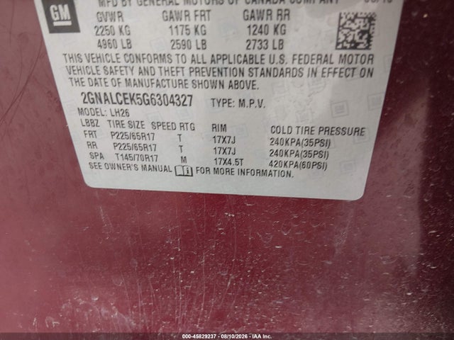 Aukcja sprzedaży 2016 Chevrolet Equinox Lt, vin: 2GNALCEK5G6304327, numer aukcji: 45829237