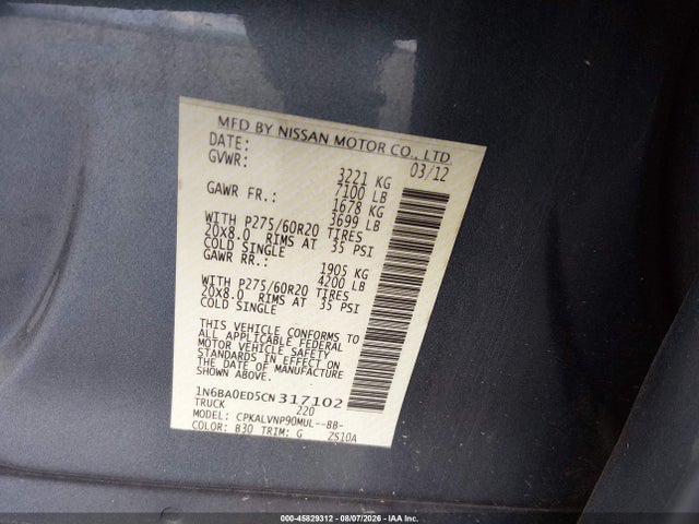 Aukcja sprzedaży 2012 Nissan Titan Sl, vin: 1N6BA0ED5CN317102, numer aukcji: 45829312