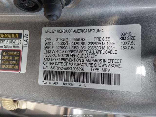 Aukcja sprzedaży 2019 Honda Cr-v Ex, vin: 5J6RW2H58KL006898, numer aukcji: 45829317