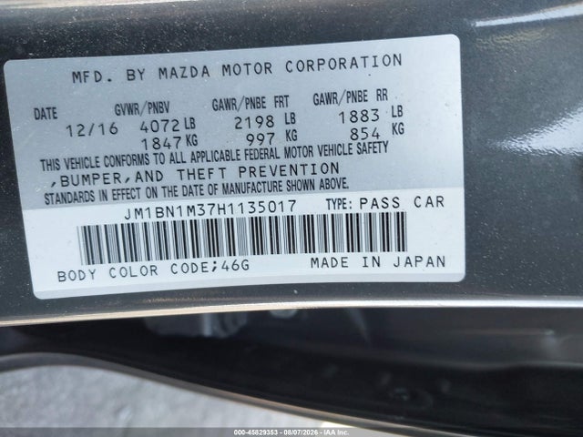 Продаж на аукціоні авто 2017 Mazda Mazda3 Grand Touring, vin: JM1BN1M37H1135017, номер лоту: 45829353