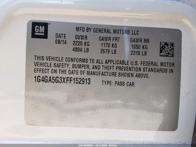 45829361 :رقم المزاد ، 1G4GA5G3XFF152913 vin ، 2015 Buick Lacrosse مزاد بيع