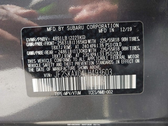 45829363 :رقم المزاد ، JF2SKAXC4LH493603 vin ، 2020 Subaru Forester Touring مزاد بيع