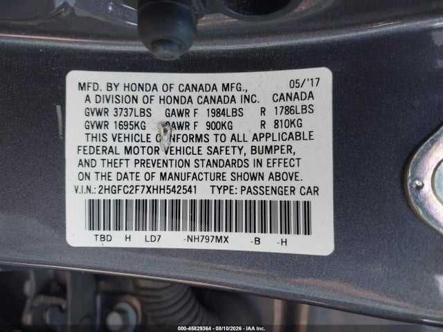 Honda CIVIC EX 2017 2HGFC2F7XHH542541 Image 9