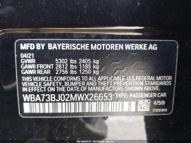 Продажа на аукционе авто 2021 Bmw 5 Series 540i Xdrive, vin: WBA73BJ02MWX26653, номер лота: 45829375