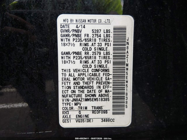 2014 Nissan Murano Sl მანქანა იყიდება აუქციონზე, vin: JN8AZ1MW5EW518385, აუქციონის ნომერი: 45829411