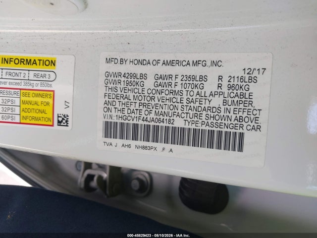 Honda ACCORD EX 2018 1HGCV1F44JA064182 Image 9