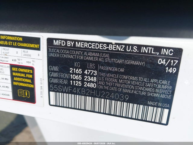 Aukcja sprzedaży 2017 Mercedes-benz C 300 4matic, vin: 55SWF4KB2HU224039, numer aukcji: 45829424