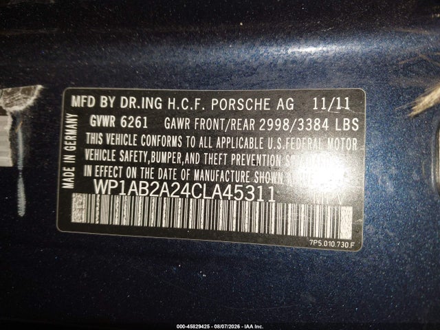Продаж на аукціоні авто 2012 Porsche Cayenne S, vin: WP1AB2A24CLA45311, номер лоту: 45829425