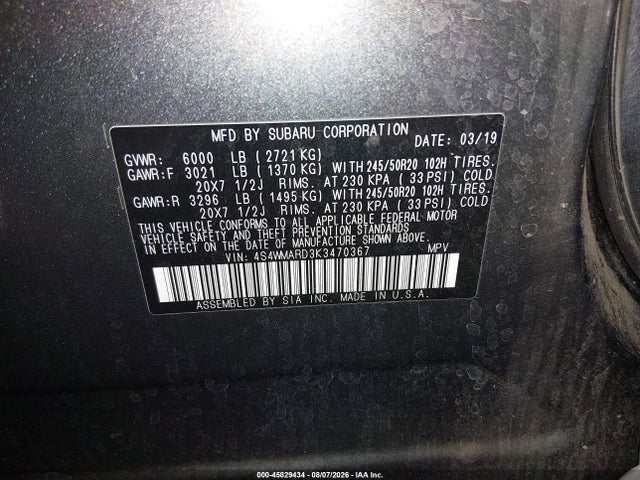 Продаж на аукціоні авто 2019 Subaru Ascent Touring, vin: 4S4WMARD3K3470367, номер лоту: 45829434