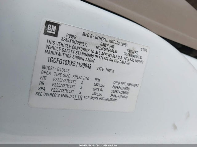 Auction sale of the 2005 Chevrolet Express, vin: 1GCFG15XX51190943, lot number: 45829438