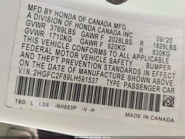 2020 Honda Civic Sport მანქანა იყიდება აუქციონზე, vin: 2HGFC2F89LH591537, აუქციონის ნომერი: 45829463