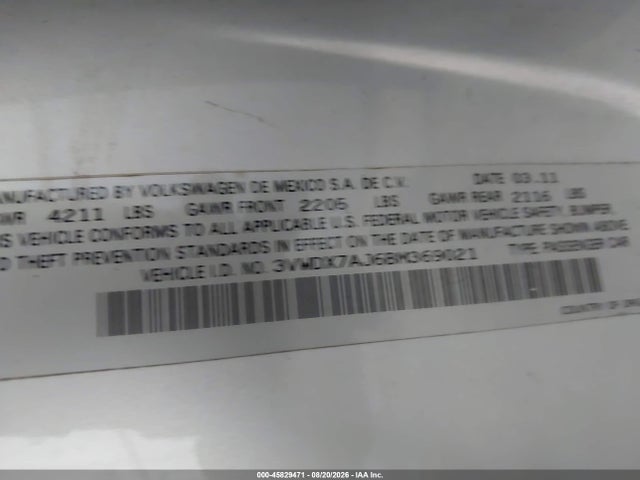 Aukcja sprzedaży 2011 Volkswagen Jetta 2.5l Se, vin: 3VWDX7AJ6BM369021, numer aukcji: 45829471