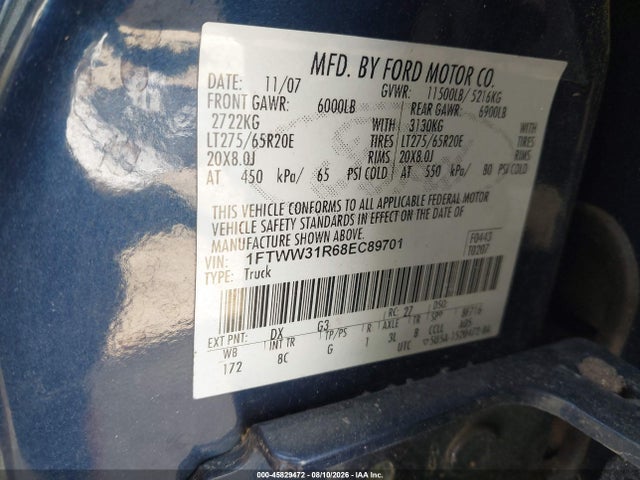 Aukcja sprzedaży 2008 Ford Super Duty F-350 Srw Lariat, vin: 1FTWW31R68EC89701, numer aukcji: 45829472