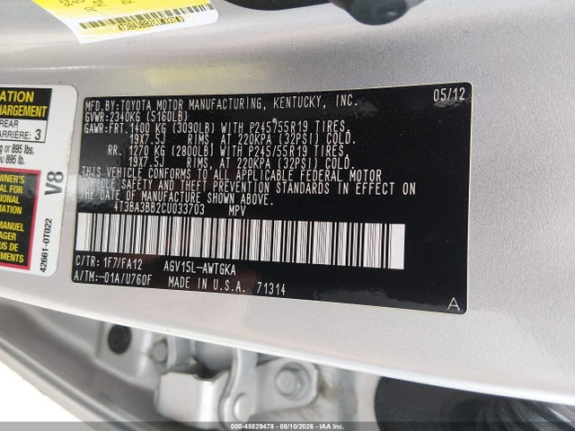 Продаж на аукціоні авто 2012 Toyota Venza Le, vin: 4T3BA3BB2CU033703, номер лоту: 45829478