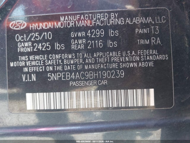 2011 Hyundai Sonata Gls მანქანა იყიდება აუქციონზე, vin: 5NPEB4AC9BH190239, აუქციონის ნომერი: 45829486