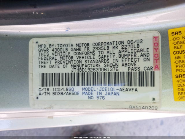 45829494 :رقم المزاد ، JTHBD192620061376 vin ، 2002 Lexus Is 300 مزاد بيع